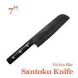 Martian knife- 7" Santoku Knife with Black Titanium - Coated Blade and Laser - Engraved Feather Pattern on the Blade