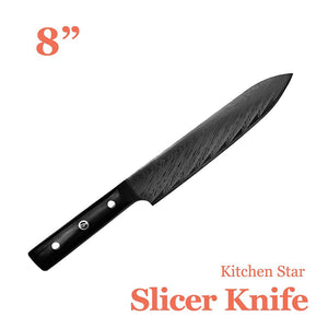 Martian knife-8" Slicing  Knife with Black Titanium - Coated Blade and Laser - Engraved Feather Pattern on the Blade