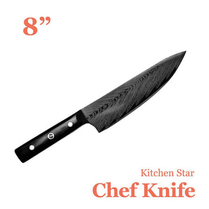Martian knife-8" Chef Knife with Black Titanium - Coated Blade and Laser - Engraved Feather Pattern on the Blade
